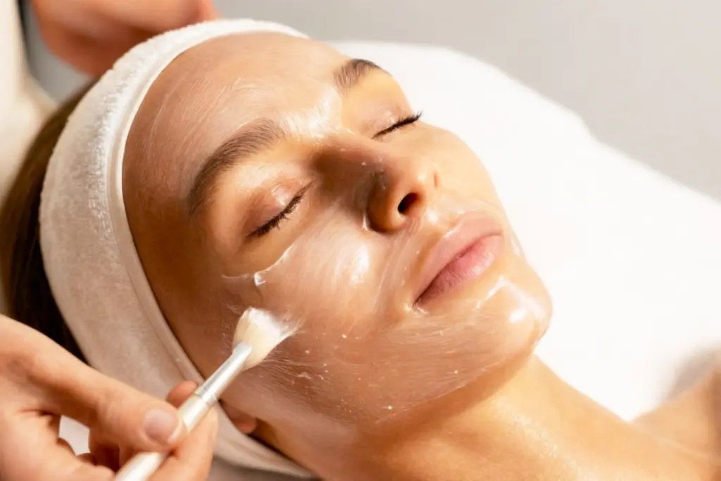 Facial treatment with a mask applied by brush